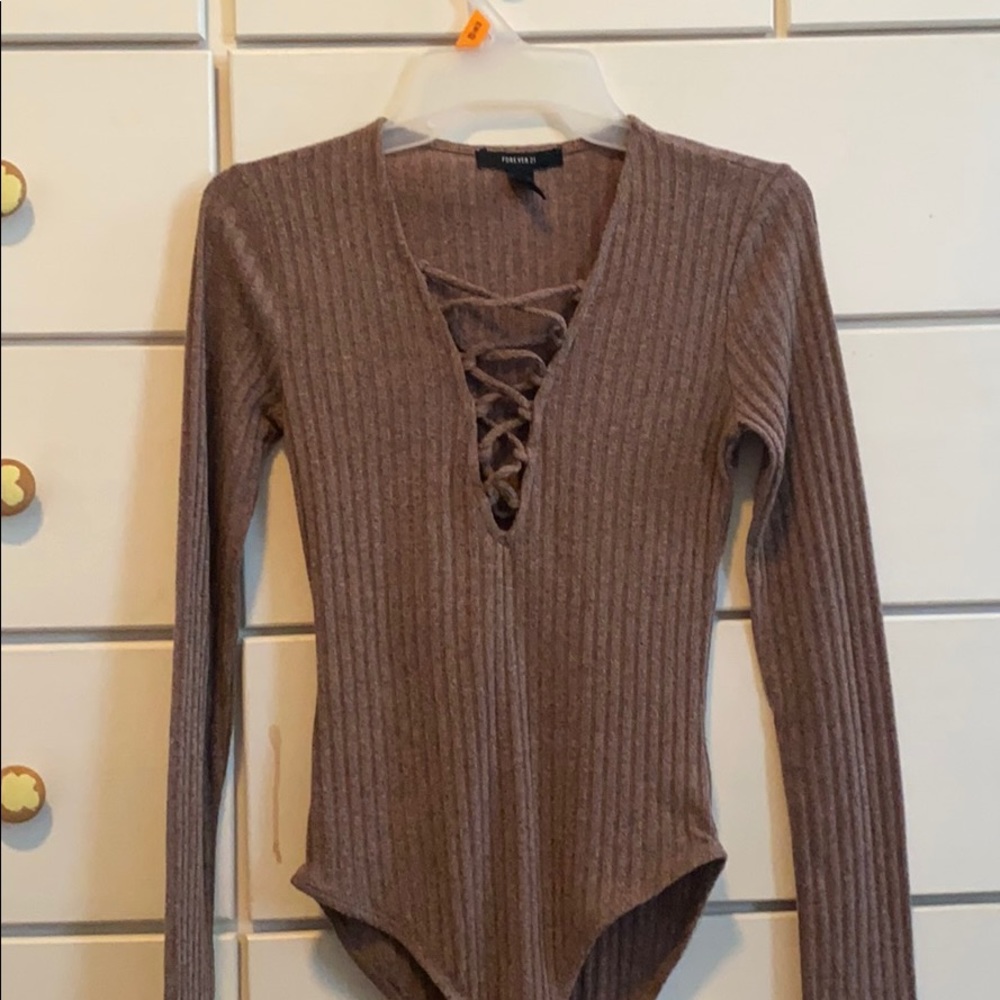 Brown lace up bodysuit with snap closure